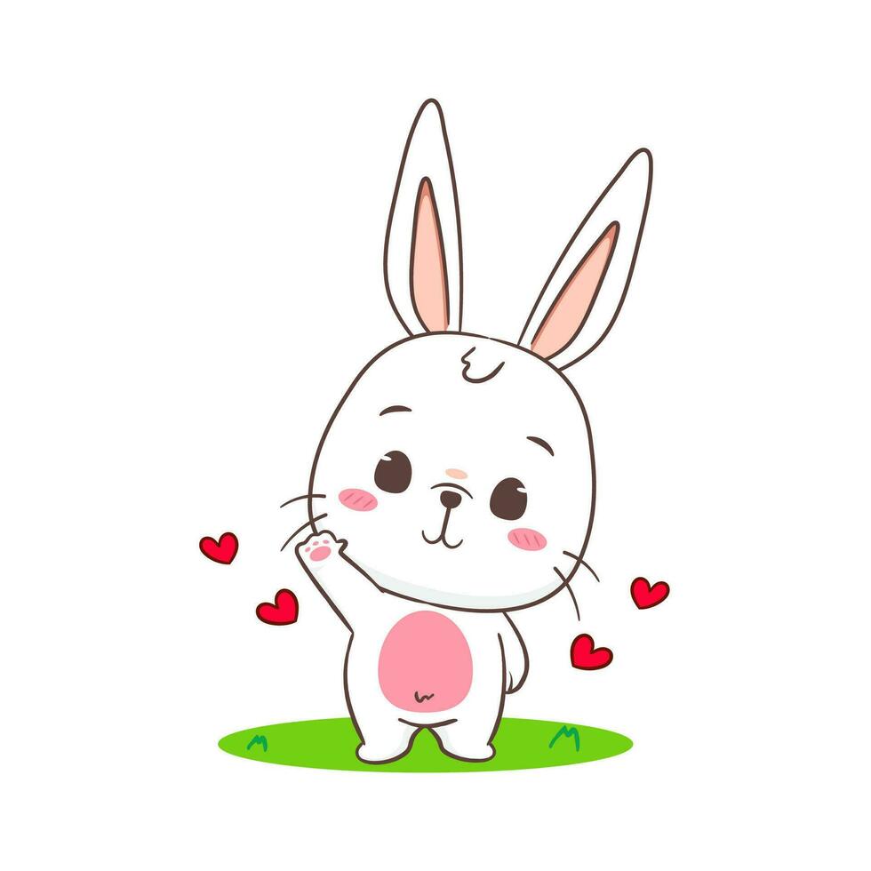 süß Hase Karikatur Gruß Pose winken Hand. bezaubernd Hase Charakter. kawaii Tier Konzept Design. isoliert Weiß Hintergrund. Maskottchen Logo Symbol Vektor Illustration