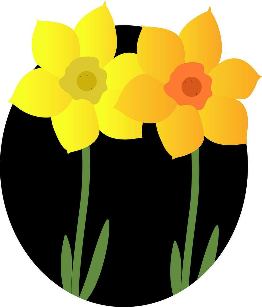 Vektor Illustration von Gelb und Orange Jonquille Blumen mit Grün Blätter schwarz Kreis auf Weiß Hintergrund.