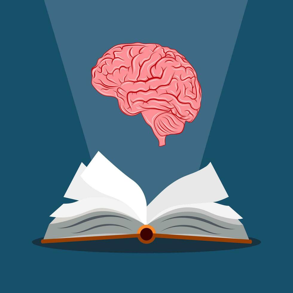öffnen das Buch und das Gehirn. Bücher zu erstellen Ideen und Gehirn Entwicklung. Vektor Illustration