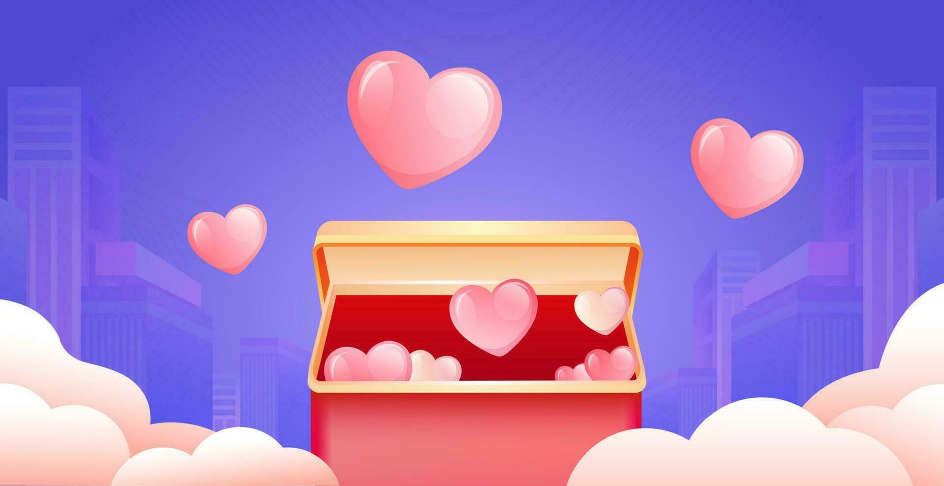 stad av kärlek, de gåva låda öppnas till avslöja en hjärta flygande i de romantisk stad himmel vektor