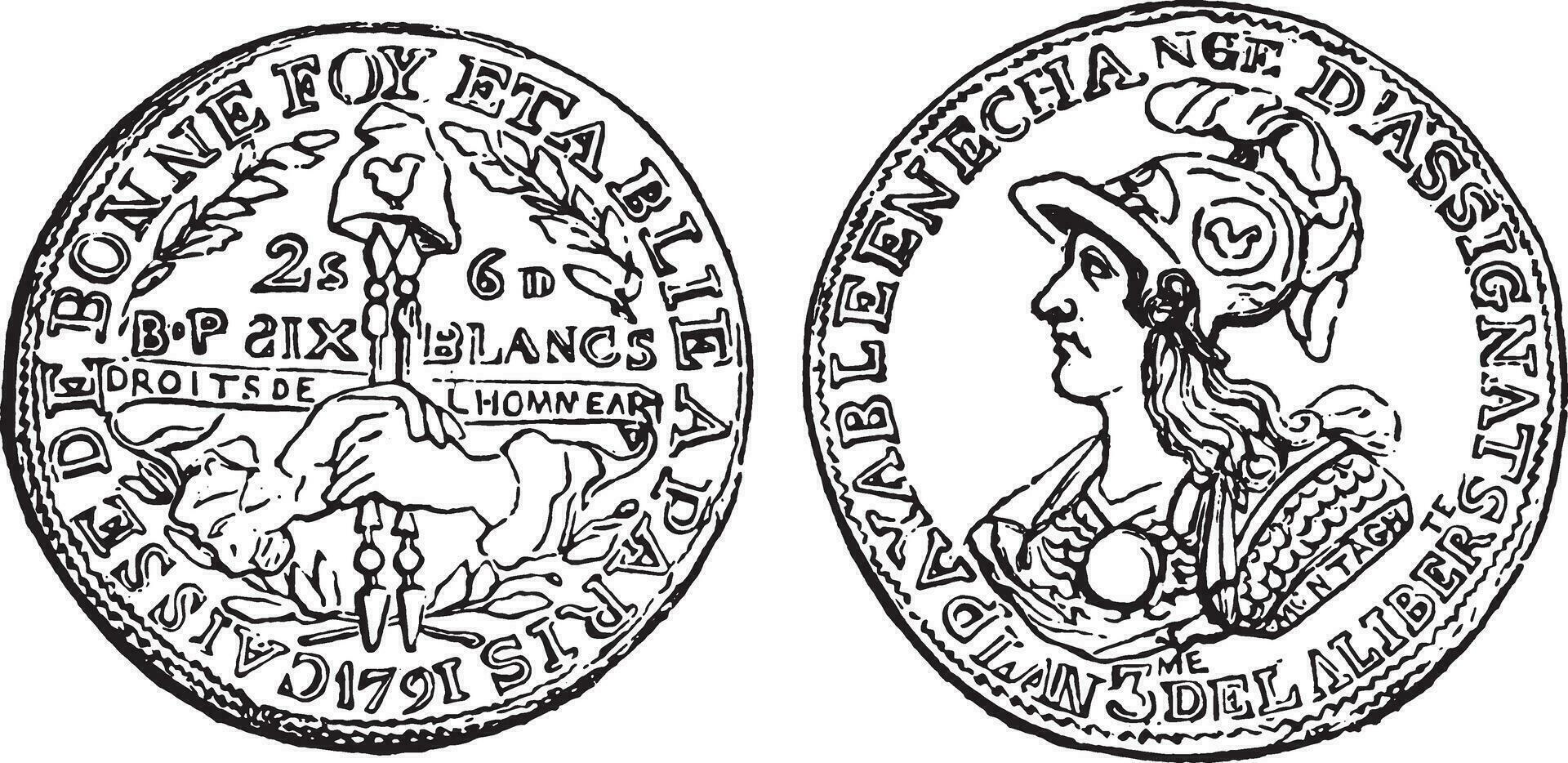 Anerkennung Geld, 1791, Kupfer, geätzt durch Montigny, Jahrgang Gravur. vektor