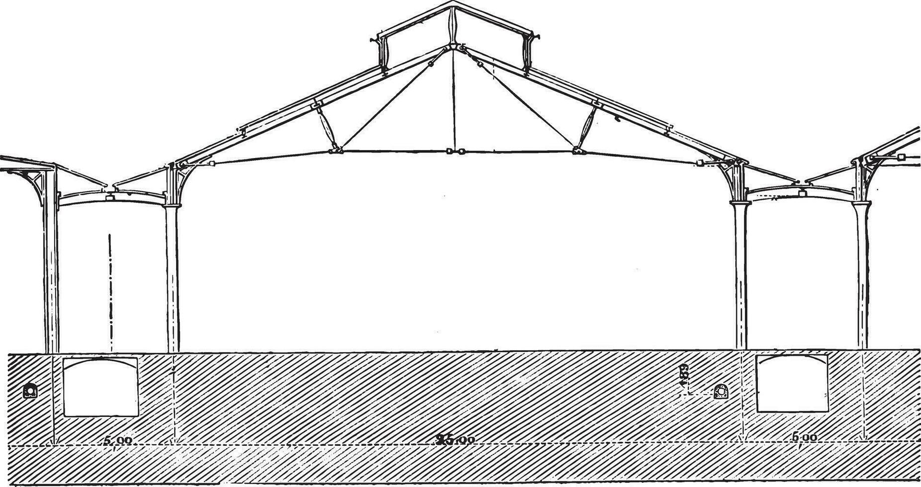 Universal- Ausstellung von 1867, Vertikale Sektion von ein Pavillon, zeigen das System benutzt zum das fließen von Regen Wasser, das Rohr und Belüftung, Jahrgang Gravur. vektor