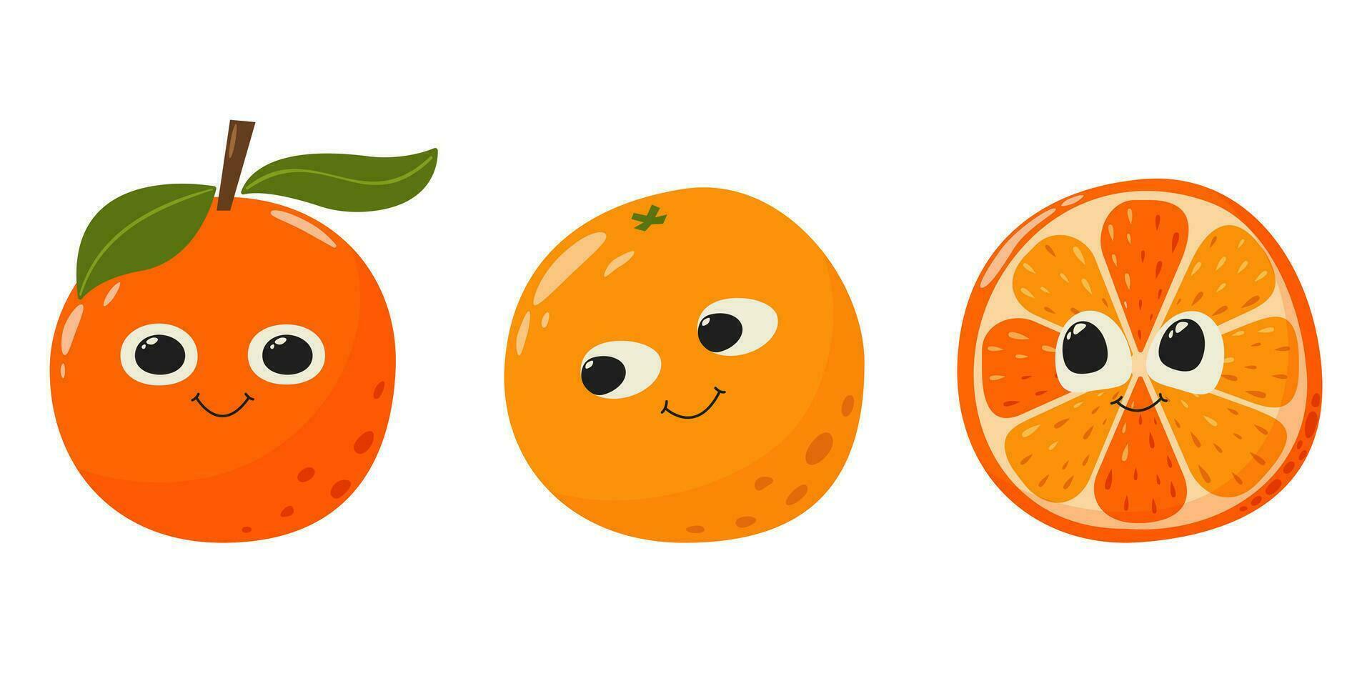 Orange Obst Charakter mit Gesicht. Sommer- einstellen Vitamin Vektor Illustration isoliert auf Weiß. Scheibe und ganze Obst