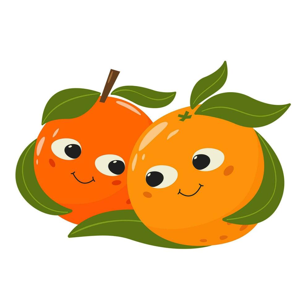 Orange Obst Paar im Liebe. süß Obst Zeichen mit Gesichter. glücklich Valentinstag Tag Konzept, Karikatur romantisch Vektor Illustration.