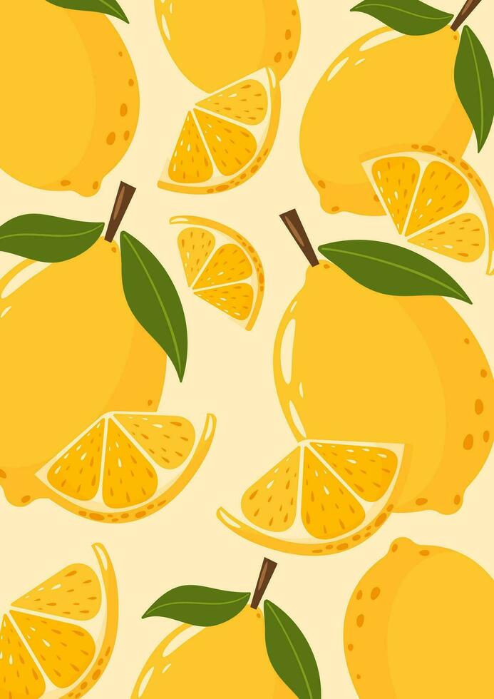 Zitrone Hintergrund mit ganze und Scheiben Früchte. Sommer- Vitamin Vektor Illustration zum Banner, Poster, Flyer, Karte. a4 Format