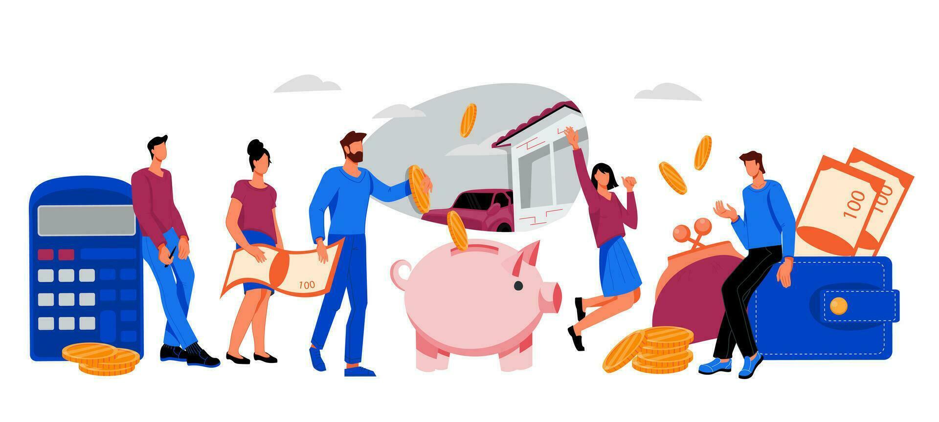 Banner zum Speichern Geld und Kreditvergabe finanziell Dienstleistungen mit Geschäft Menschen Speichern Geld im Schweinchen Bank und Geldbörsen. Bank Konto Ersparnisse und Darlehen oder Hypothek Konzept, Vektor Illustration isoliert.