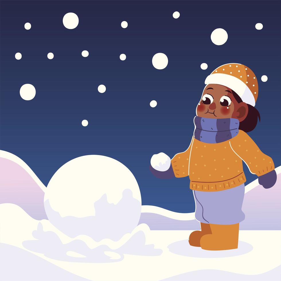 karaktär rolig pojke på vintern med hatt och snöboll vektor