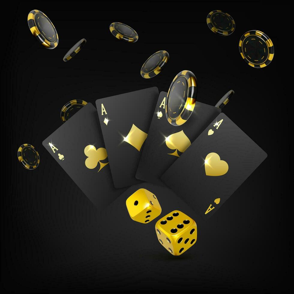 guld tärningar svart spelar kort fyra ess och faller poker pommes frites. kasino stor vinna affisch. 3d design element för hasardspel baner. vektor illustration