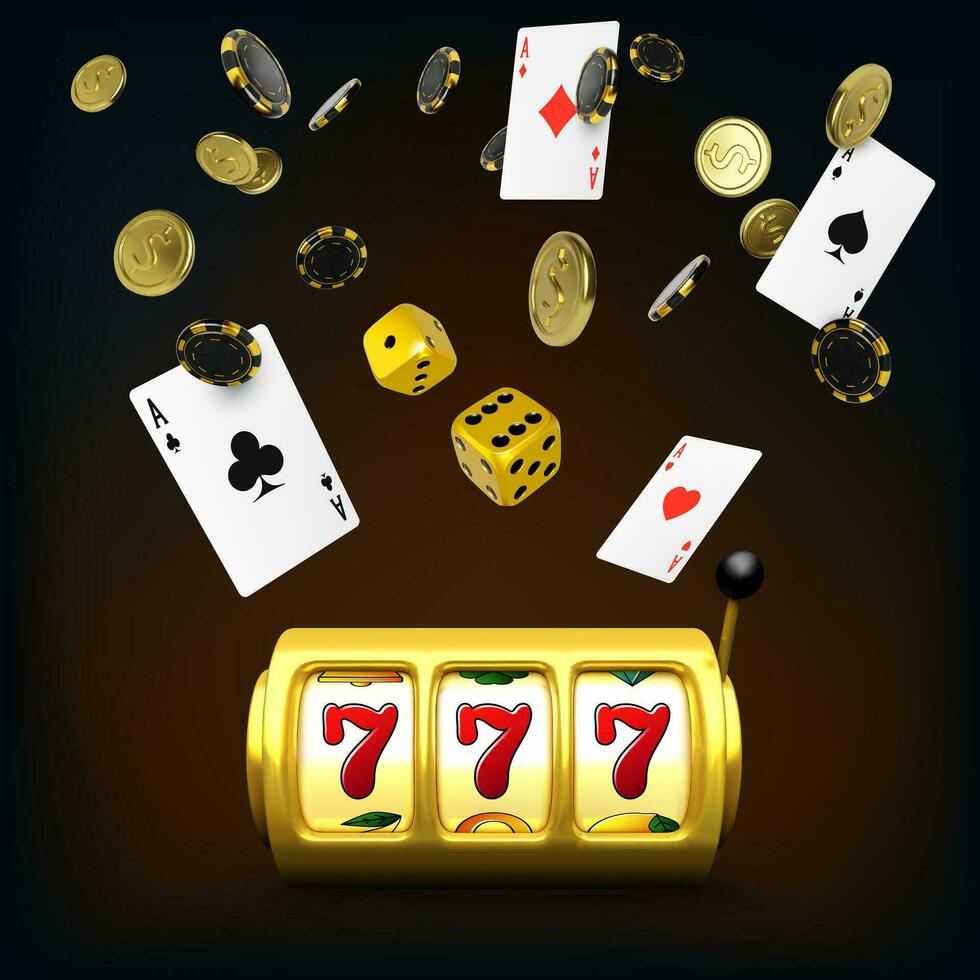 Gold Slot Maschine und Würfel schwarz spielen Karten vier Asse und fallen Poker Chips. Kasino groß Sieg Poster. 3d Design Element zum Glücksspiel Banner. Vektor Illustration