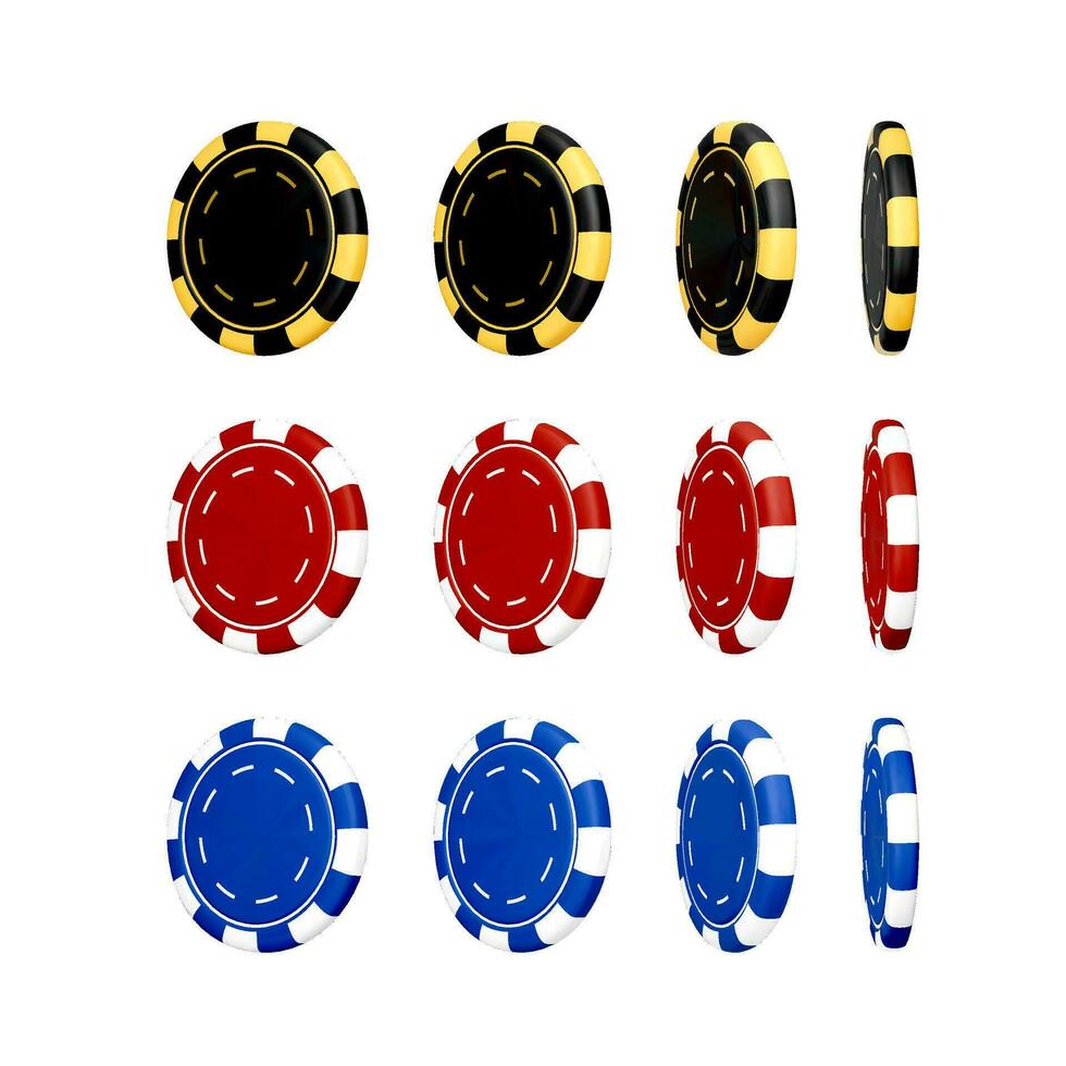 kasino chip i svart blå och röd färger. 3d realistisk framställa poker pommes frites. plast hasardspel isolerat på vit bakgrund. vektor illustration