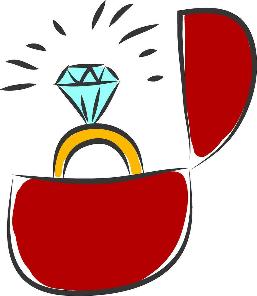 einfach Vektor Illustration auf Weiß Hintergrund von ein groß Diamant Ring im rot Samt Box