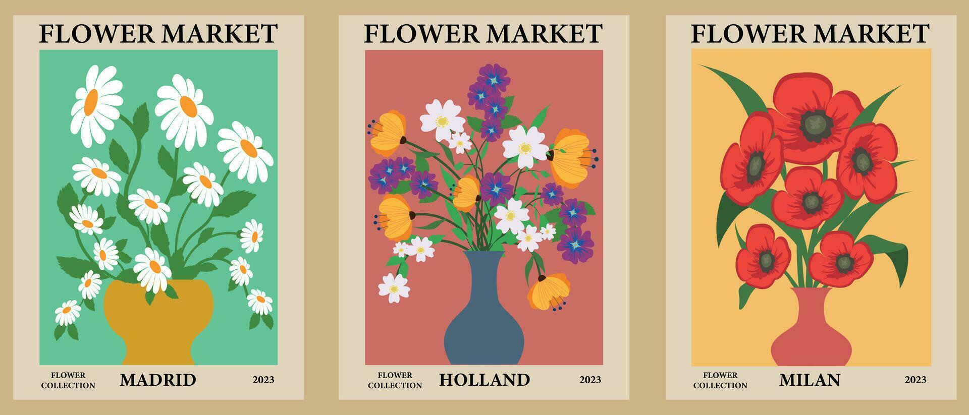 uppsättning av botanisk posters i annorlunda färger med buketter av blommor. konst för kort, vägg konst, baner, bakgrund. vektor illustration.