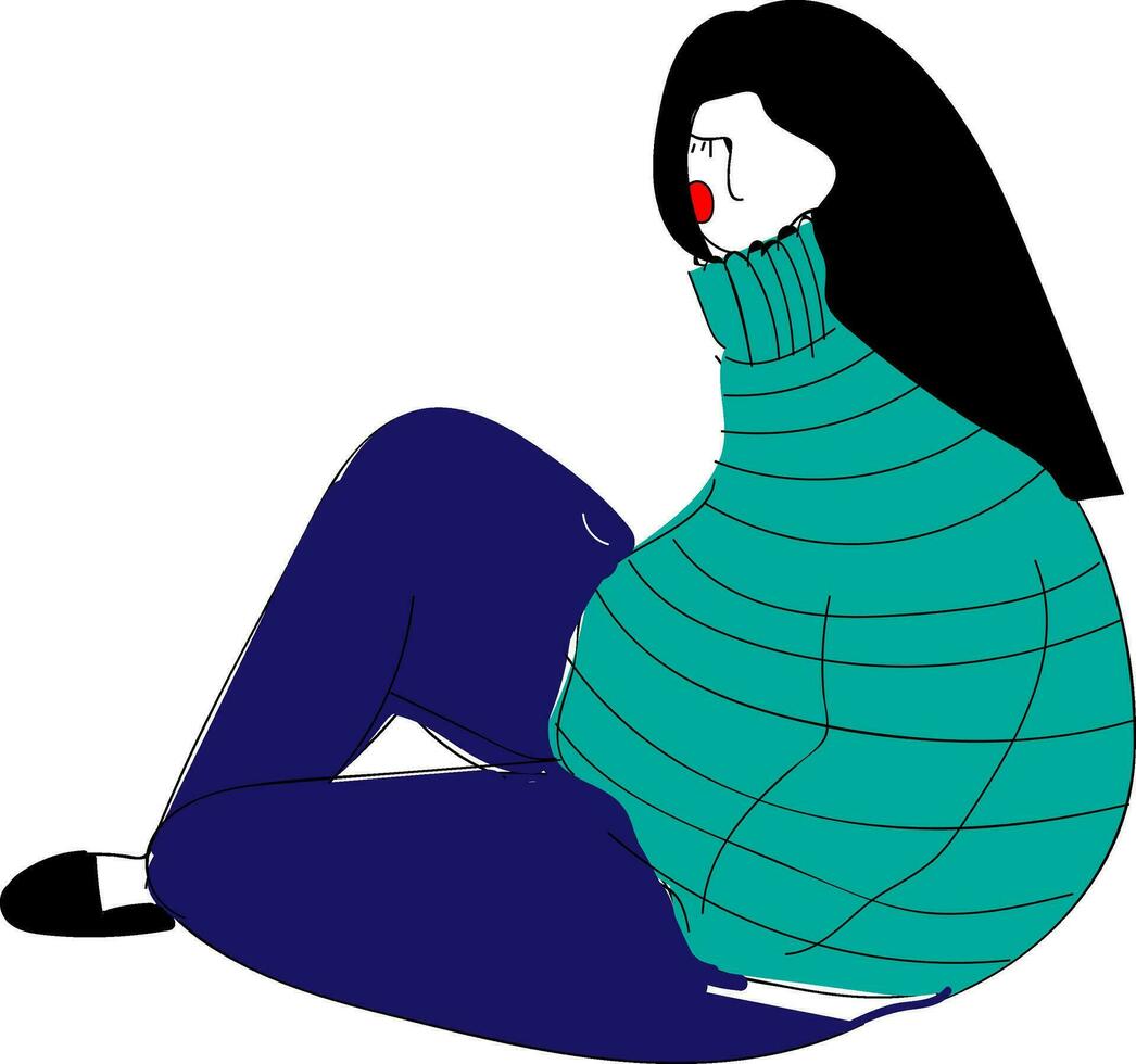 Mädchen mit schwarz Haar und groß Blau Sweatshirt Vektor Illustration auf Weiß Hintergrund