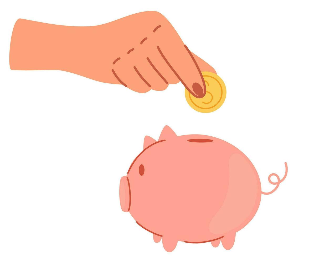 Hand Putten Münze ein Schweinchen Bank Geld Ersparnisse. verdienen Geld, Ersparnisse, Investition, Geschäft Werbung Konzept. Hand gezeichnet isoliert modern Vektor Illustration