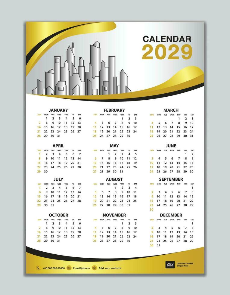 vägg kalender 2029 mall, kalender 2029 design, guld Vinka bakgrund, skrivbord kalender 2029 design, vecka Start söndag, flygblad, uppsättning av 12 månader, vecka börjar söndag, arrangör, planerare, utskrift media vektor