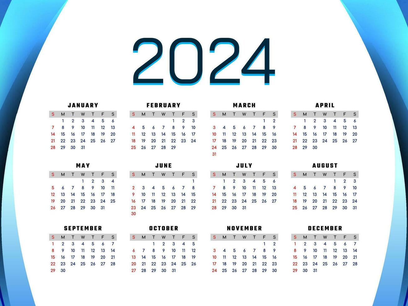 2024 Neu Jahr modern Blau wellig Kalender Design vektor