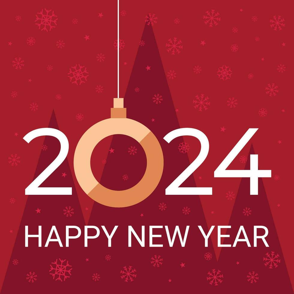 2024 ny år baner, hälsning, fest inbjudan, grafisk mall med platt gran träd, text hälsning, stjärnor och snöflingor dekorationer. Semester bakgrund vektor illustration.
