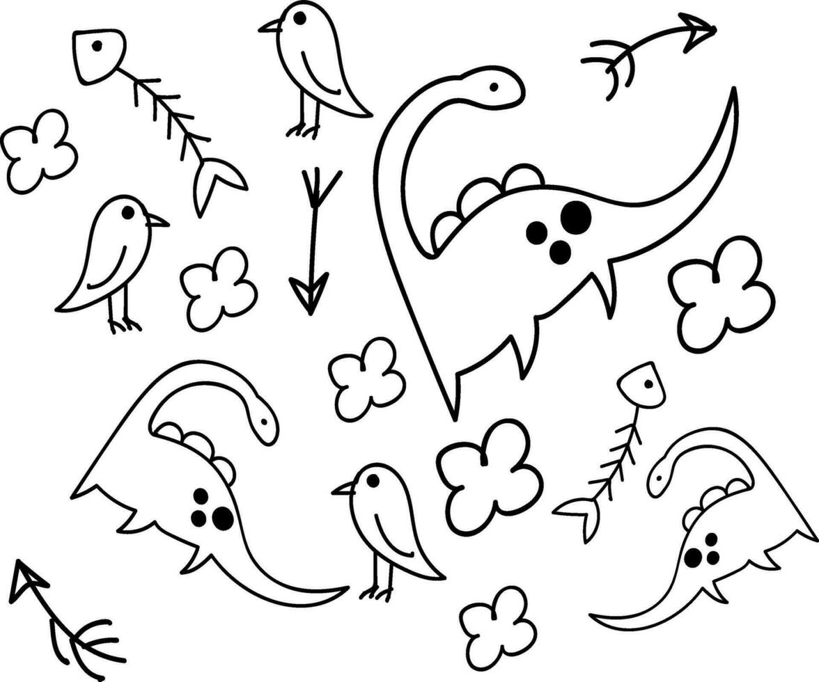 barnslig klotter av dinosaurier blomma och fisk vektor eller Färg illustration