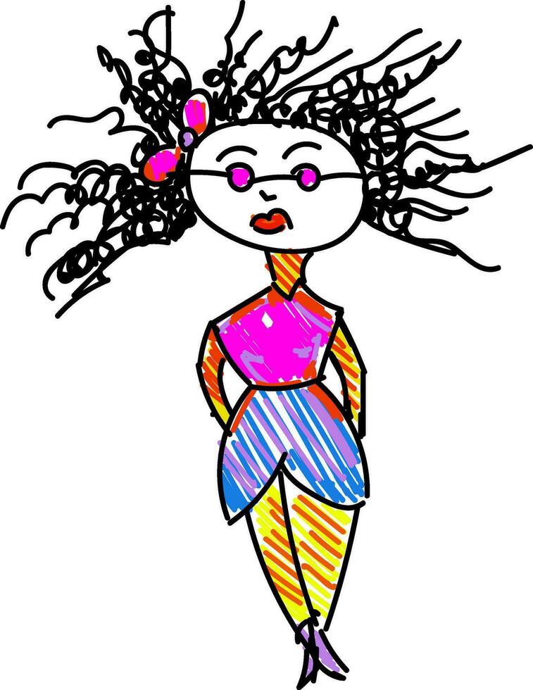 en teckning av en lady med lockigt hår vektor eller Färg illustration