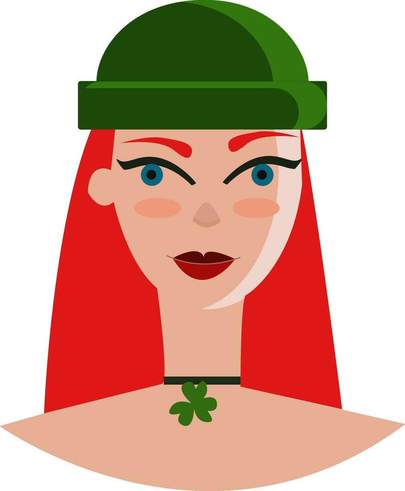 en blåögd flicka bär en grön halsband runt om henne nacke och en grön hatt vektor Färg teckning eller illustration