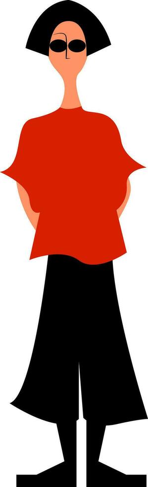 ein Mädchen Stehen im ihr schwarz keuchen und Stylist rot T-Shirt Kostüm hat versteckt ihr Hände im Taschen Vektor Farbe Zeichnung oder Illustration