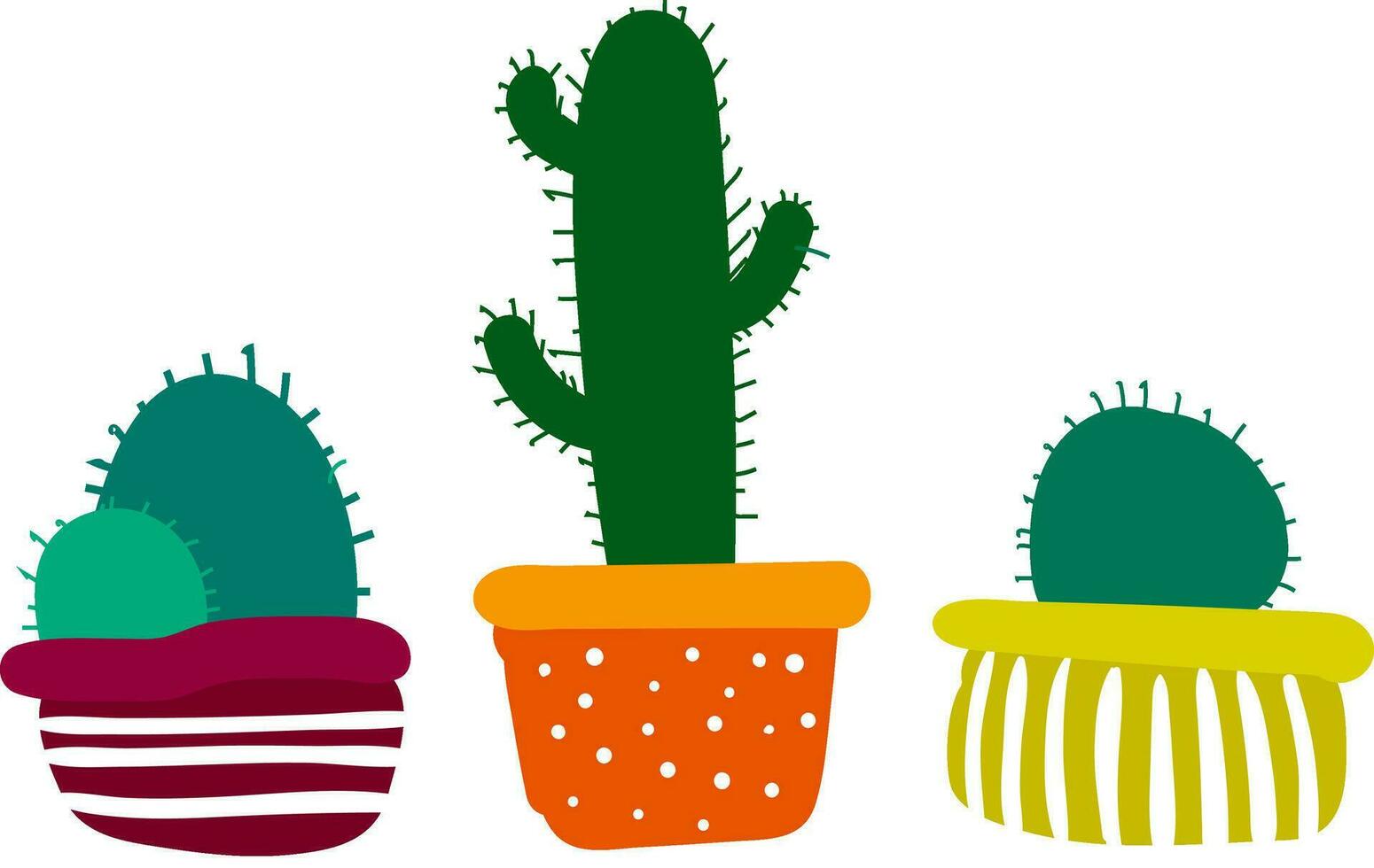 einstellen von hell dekoriert Blume Töpfe mit Kaktus Pflanzen bietet extra Stil zu das Raum belegt Vektor Farbe Zeichnung oder Illustration