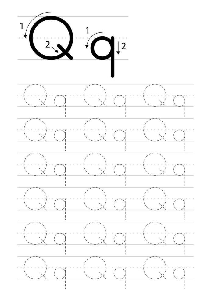 tryckbar brev q alfabet spårande kalkylblad vektor