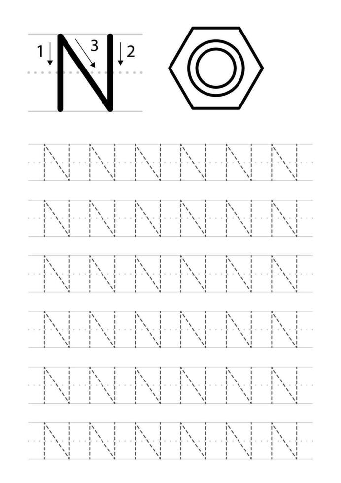 tryckbar brev n alfabet spårande kalkylblad vektor