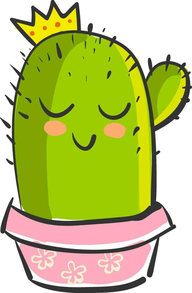 ein süß stachelig Kaktus Pflanze Emoji im ein Rosa Topf ist lächelnd mit Augen geschlossen und tragen ein Gelb Krone Vektor Farbe Zeichnung oder Illustration