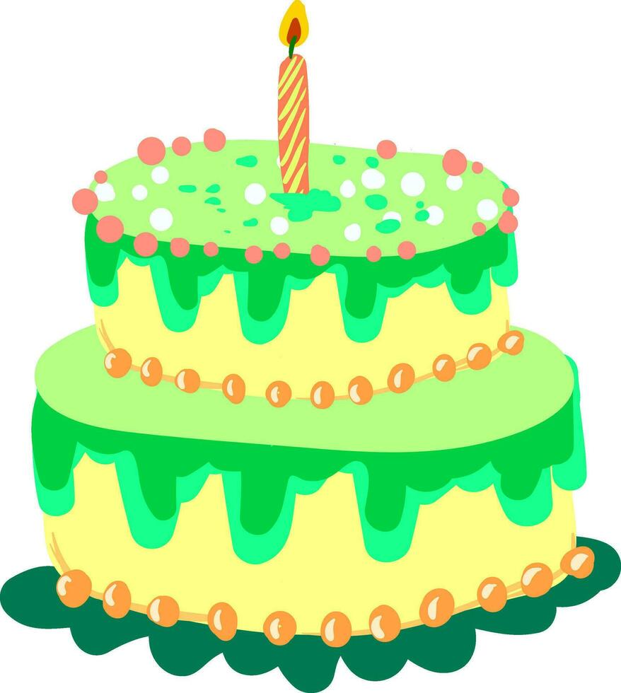 ein zwei Schichtkuchen mit Gelb und Grün Dekoration und einer glühend Kerze Vektor Farbe Zeichnung oder Illustration