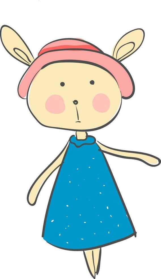 en liten tecknad serie hare bär en härlig blå klänning och en rosa huvud keps vektor Färg teckning eller illustration