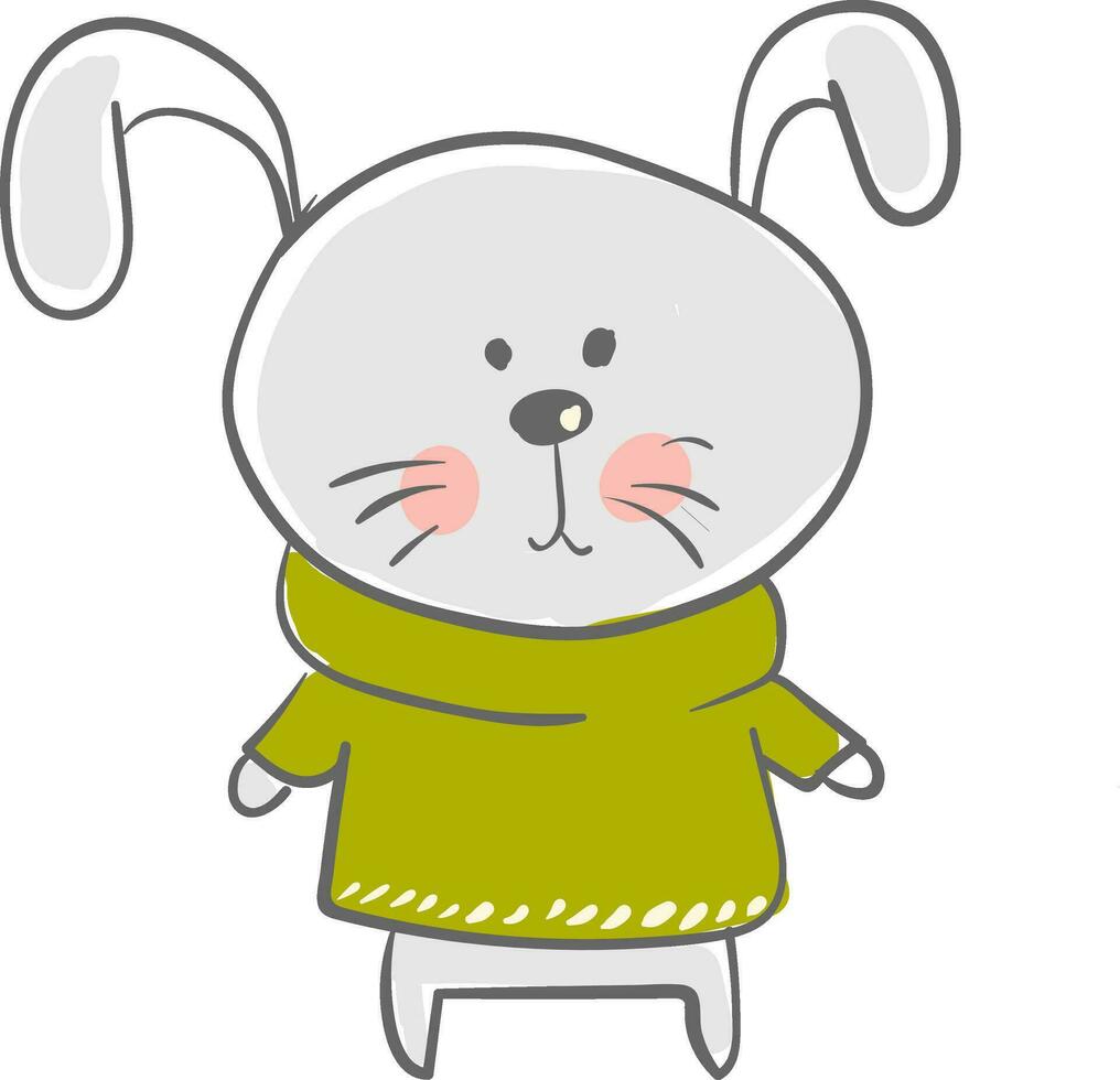 ein Karikatur grau Hase im es ist Winter Kleider durch tragen ein Grün hoch Hals Sweatshirt Vektor Farbe Zeichnung oder Illustration