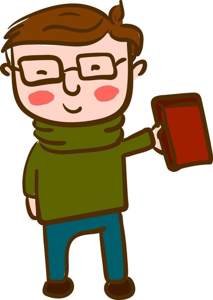 Junge mit Brille halten Buch im Hand Vektor oder Farbe Illustration