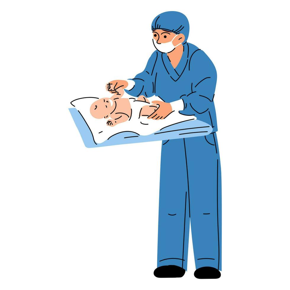 ein Hebamme, ein Arzt mit ein neugeboren. ein weiblich Krankenschwester, Arzt oder Hebamme im ein Blau Uniform tragen ein medizinisch Maske untersucht das Baby im voll Wachstum. ein Neugeborene Baby auf ein Ändern Tabelle im ein Krankenhaus Vektor