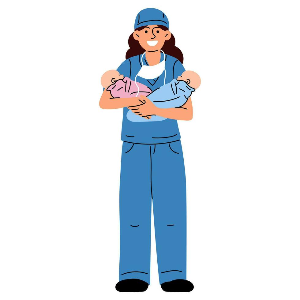 barnmorska eller en läkare med nyfödda. kvinna sjuksköterska, läkare eller barnmorska ler i en blå enhetlig, stående lång, innehav olika kön nyfödd spädbarn i henne vapen i en moderskap sjukhus vektor illustration