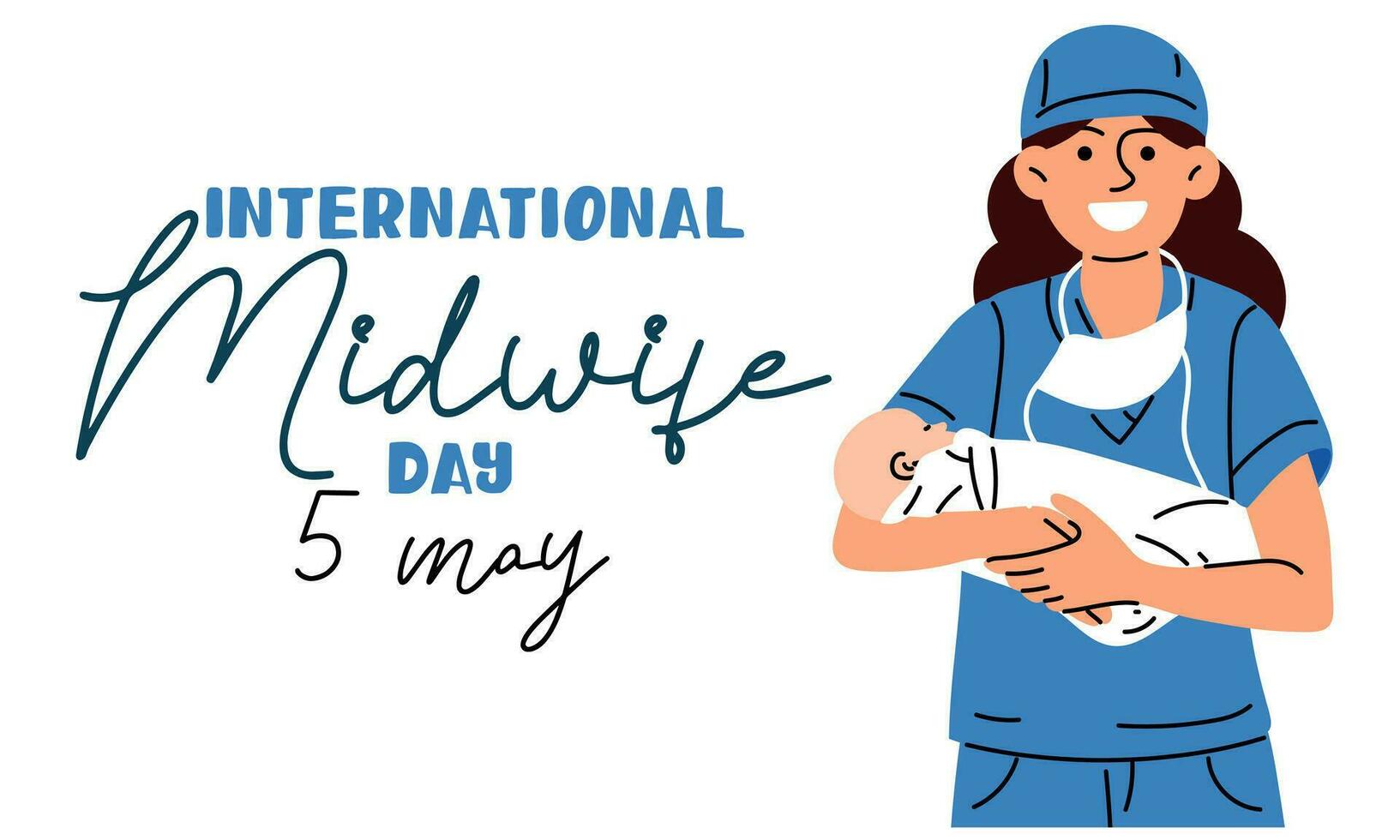 International Tag von Hebammen ist gefeiert jährlich auf kann 5. Hebamme, ein medizinisch Fachmann Wer kümmert sich zum Mütter und Neugeborene während Geburt. das Hebamme lächelt und hält das neugeboren. Vektor
