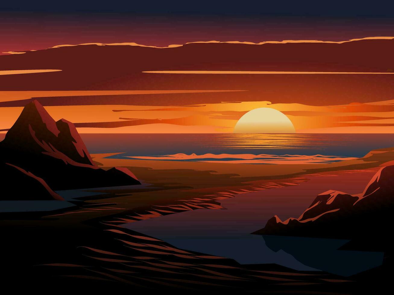 skön dramatisk solnedgång på strand med stenar vektor