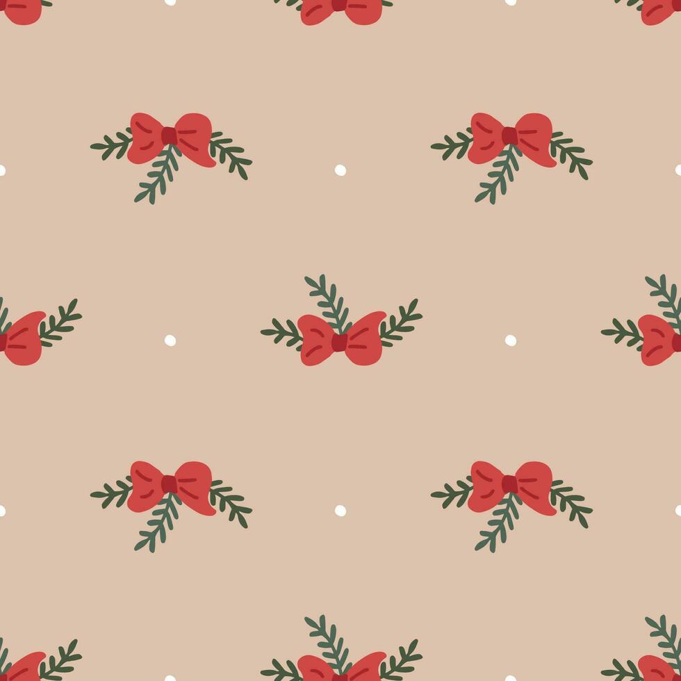 einfach nahtlos Muster mit rot Bogen und Blätter. Weihnachten und Neu Jahr Konzept. Hand gezeichnet retro Jahrgang Vektor Textur zum Hintergrund, Drucke, Verpackung, Textil-