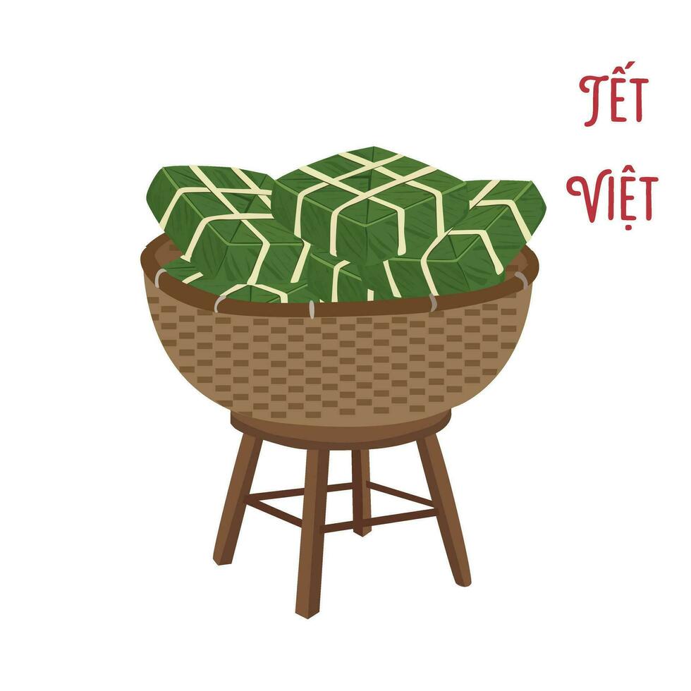 chung kaka vektor uppsättning. chung kaka på bambu korg. vietnamese kök. vietnamese traditionell ny år. fyrkant klibbig ris fylld i grön löv. banh chung. Lycklig tet Semester. tet mat.