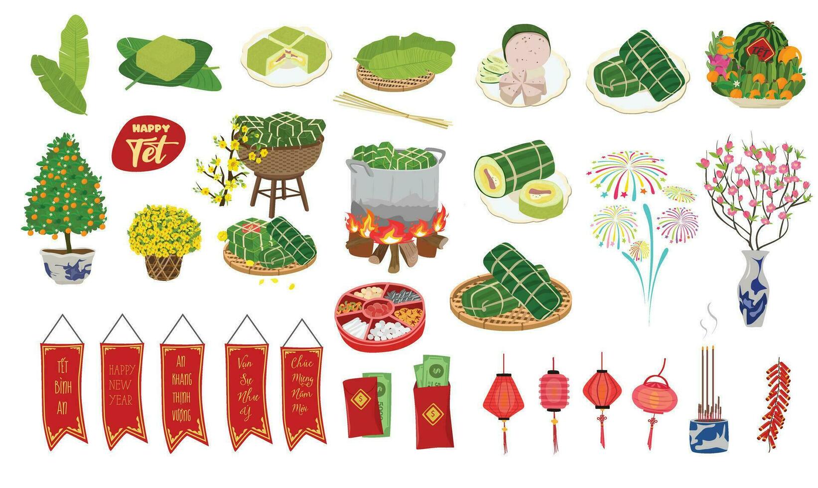 Vietnamesisch traditionell Neu Jahr Vektor Satz. Vietnamesisch tet Clip Kunst. Kumquat, Chung Kuchen, Schweinefleisch Wurst, Kirsche Blüte, Laterne, Feuerwerk, Marmelade Süßigkeiten Tablett, fünf Obst Tablett. Karikatur eben Vektor.