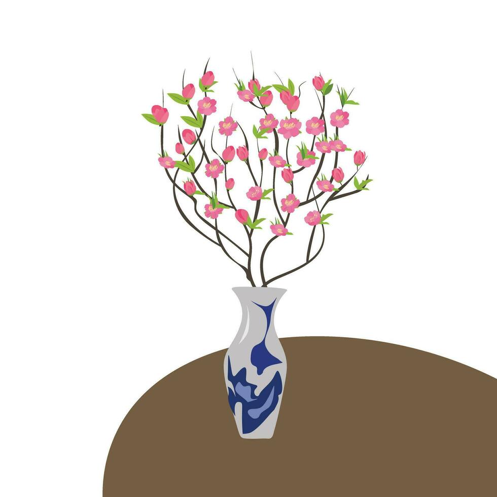 Karikatur Pfirsich blühen Vektor einstellen mit Blume, Blatt, Knospe, Baum Ast. Kirsche blühen Vektor. Frühling blume.tet Blume. Vietnam traditionell Neu Jahr Blume, hoa dao. eben Vektor im Karikatur Stil.