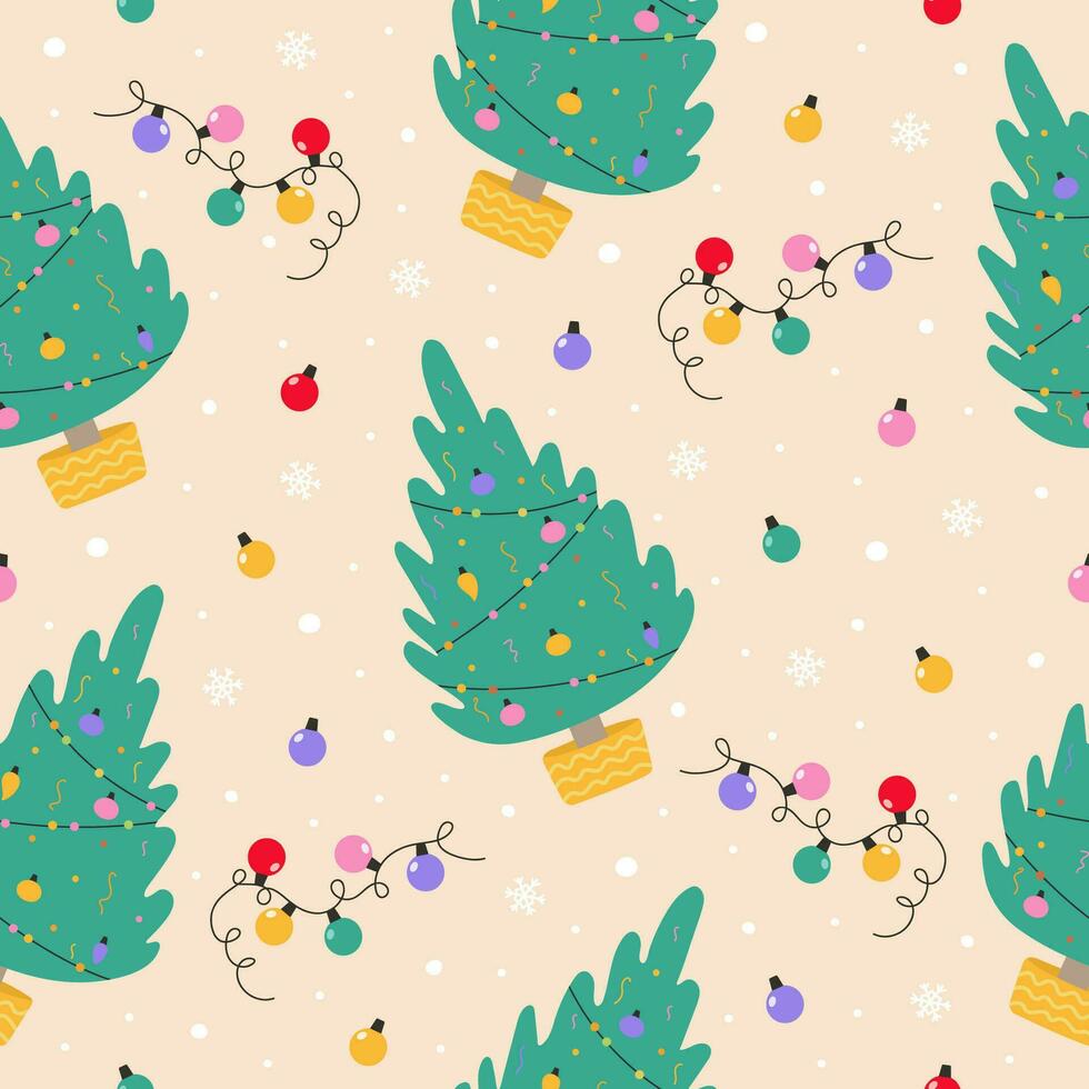 bunt Weihnachten nahtlos Muster, eben Vektor Illustration. süß Hand gezeichnet Winter Urlaub Elemente - - Weihnachten Baum, Girlande und Schneeflocken. Weihnachten Muster zum Drucke, Karten, Stoff, Oberfläche Design