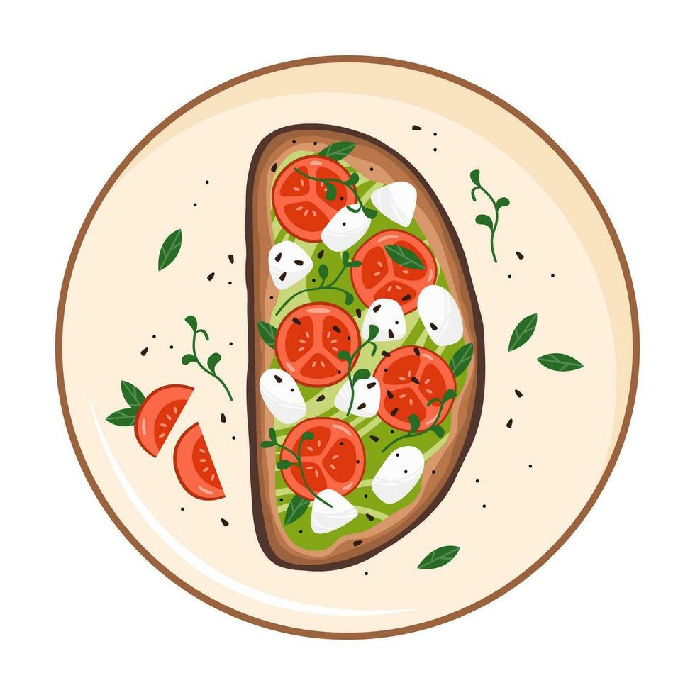 Italienisch Bruschetta mit Tomate und Mozzarella auf das Platte. Sommer- Weiß Brot Sandwich. gesund Frühstück. Vektor Illustration isoliert auf Weiß Hintergrund.