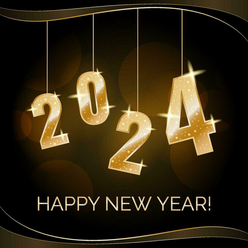 2024 Neu Jahr Platz Postkarte mit hängend glänzend golden Zahlen und Text Gruß, wellig Linien und funkeln auf das Hintergrund. Vektor Illustration.
