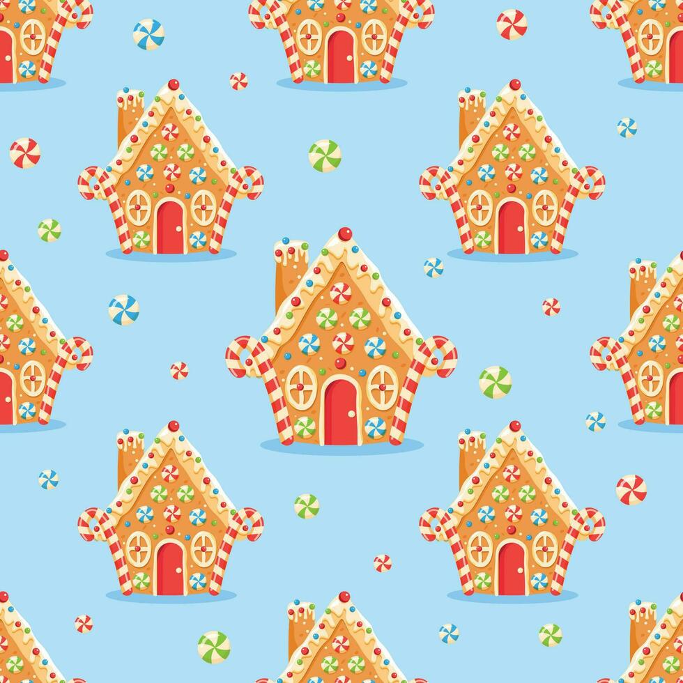 sömlös mönster med pepparkaka hus formad pepparkaka småkakor med dekorationer. jul sötsaker och godsaker.tryck design för textil, tyg, omslag papper vektor