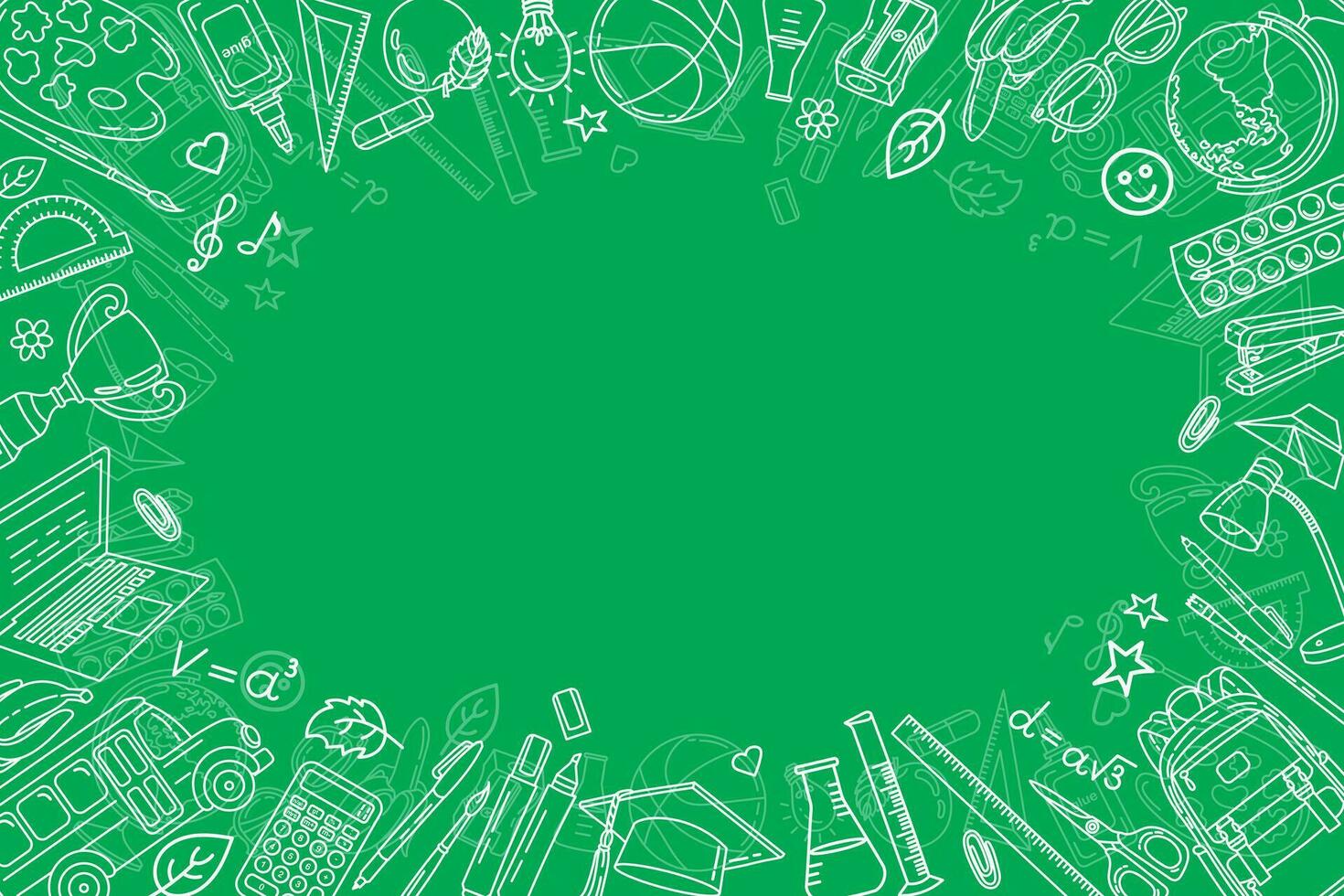 Schule Hintergrund. Schule Artikel und Schreibwaren auf ein Grün Hintergrund. Hand gezeichnet Vektor Illustration