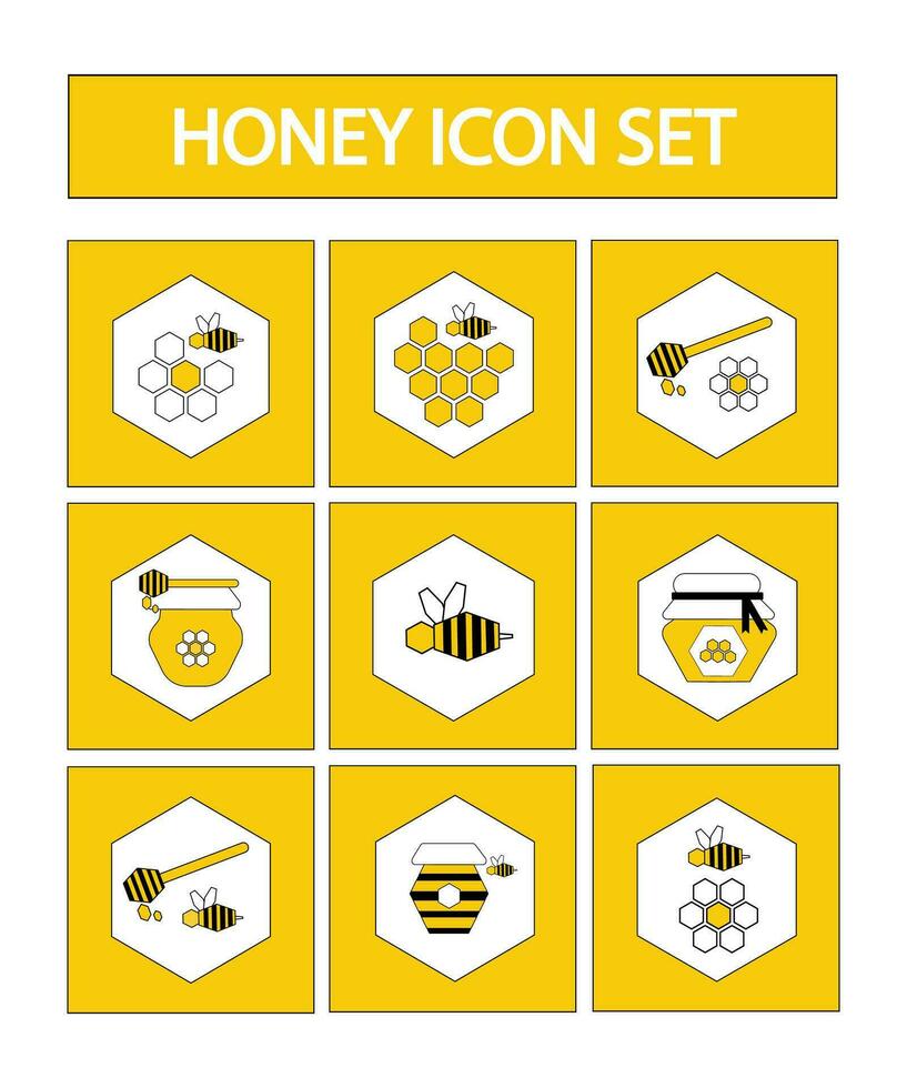 einstellen von Symbole auf das Thema von Honig und Bienenzucht - - Bienen, Blumen, Bienenstock, Gläser von Honig, Waben Innerhalb Polygone. eben Vektor Illustration im Gelb, Weiß und schwarz Farben