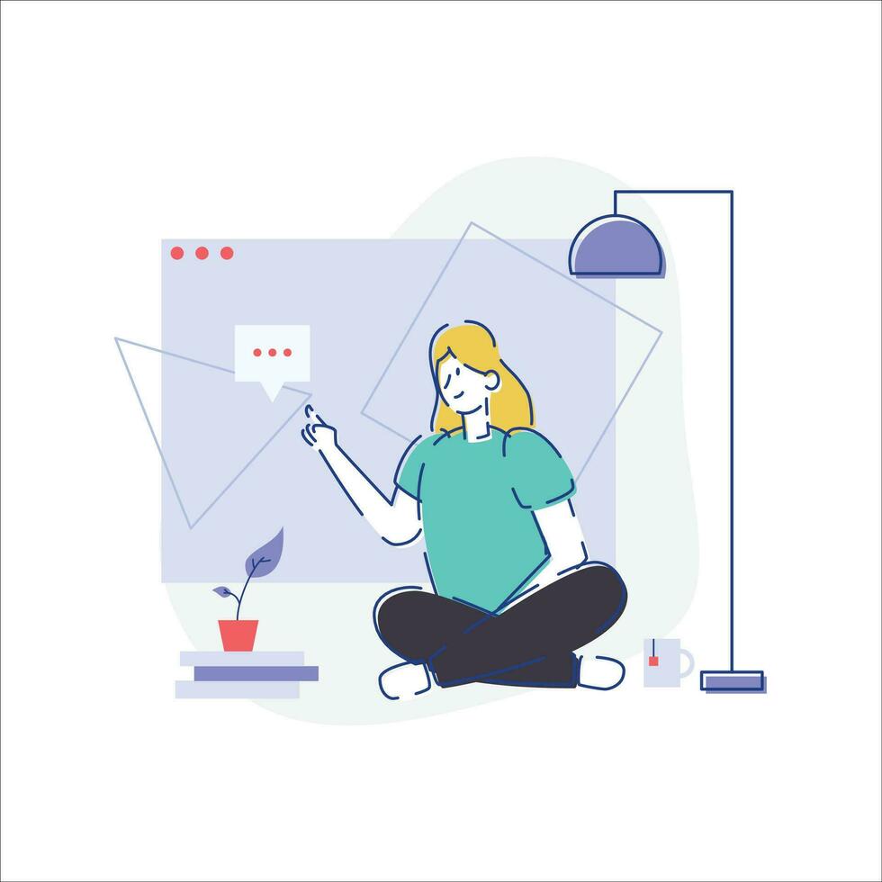 Vektor Illustration von ein Frau Sitzung auf das Fußboden im Vorderseite von ein Computer Bildschirm.