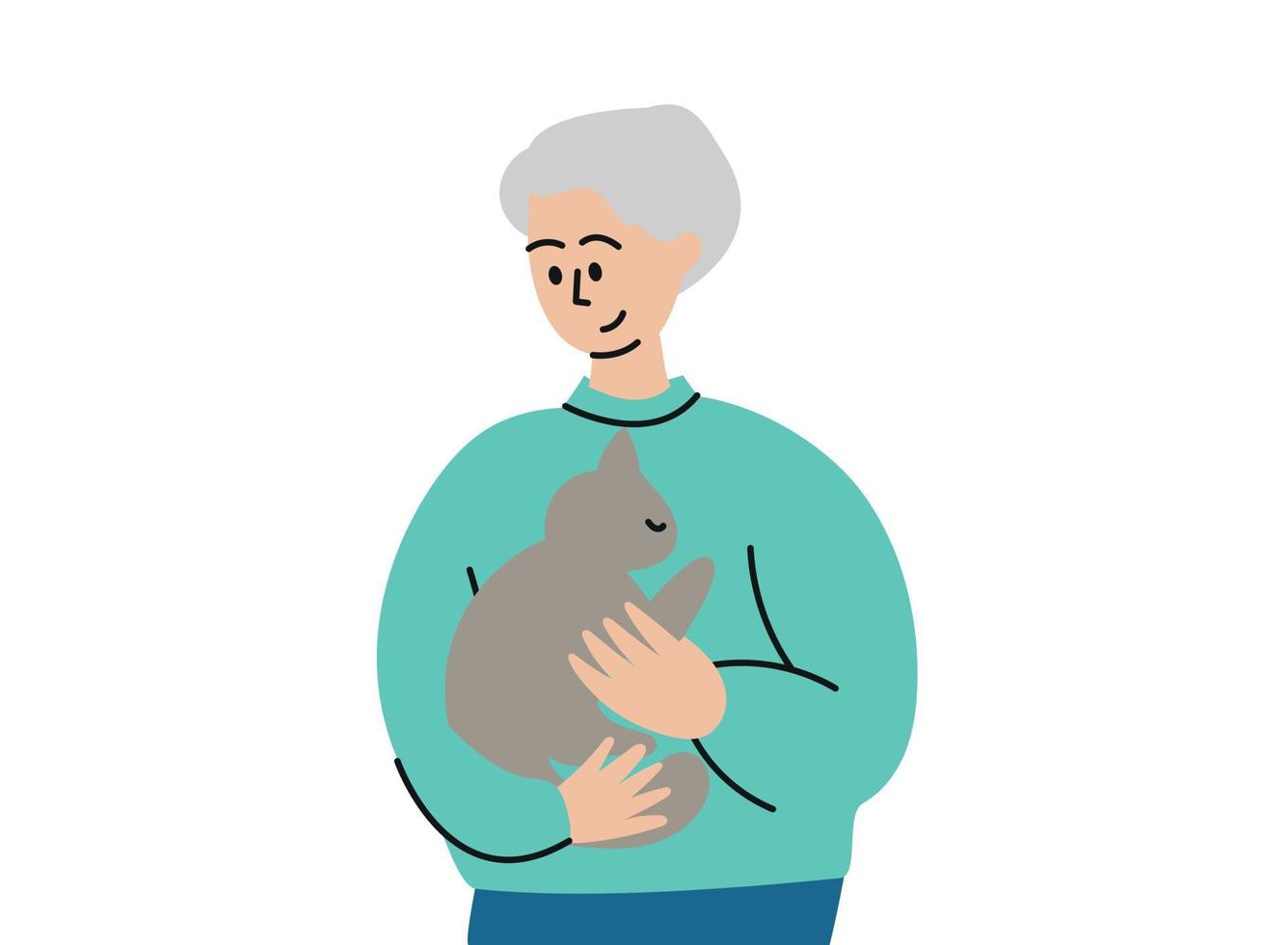 en gråhårig äldre man håller en katt. en huskatt i hans famn. mitt favorit husdjur, farfar. vektor platt illustration ritad för hand