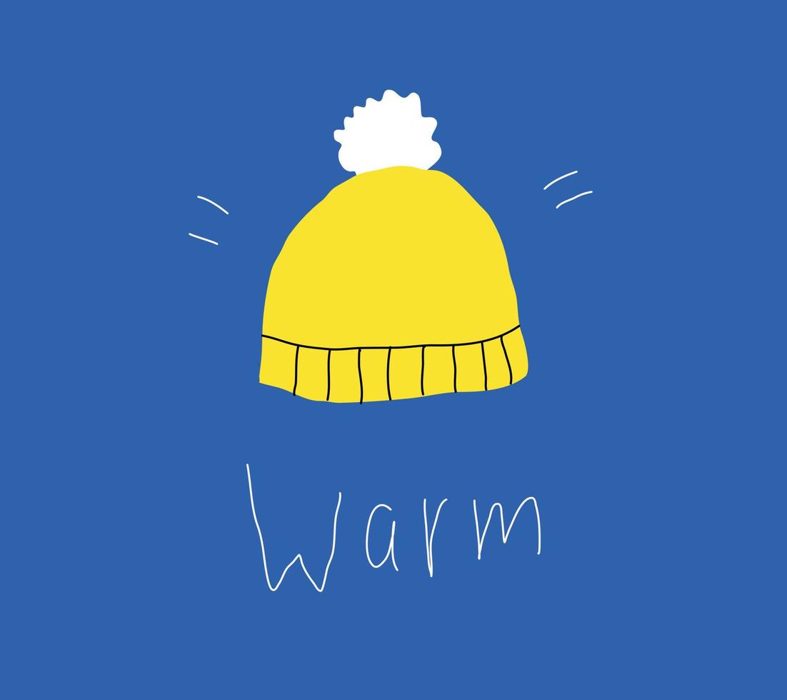 en varm hatt handritad i stil med en klotter. gul gul hatt med en fluffig pompon vektor